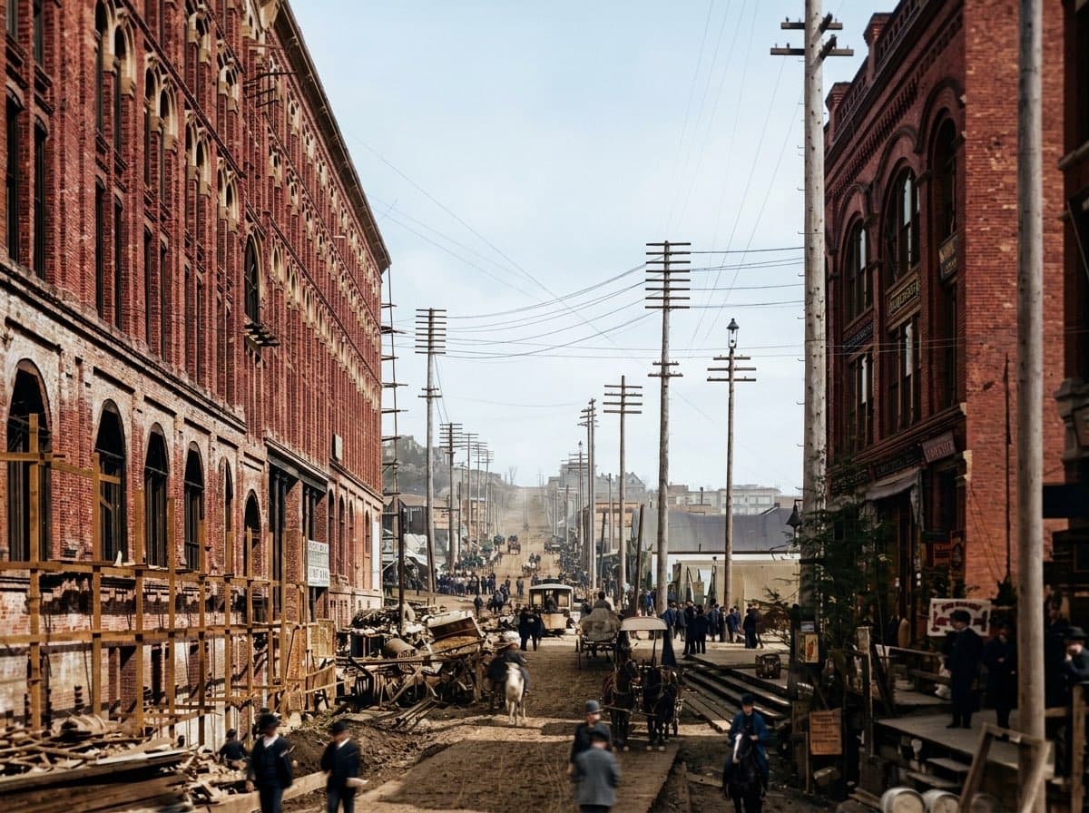 AI-colorized restoration of First Avenue being rebuilt after the 1889 Great Seattle Fire, around 1890: brick blocks rising behind wooden scaffolding, a dirt street crowded with horse teams, wagons, and a streetcar