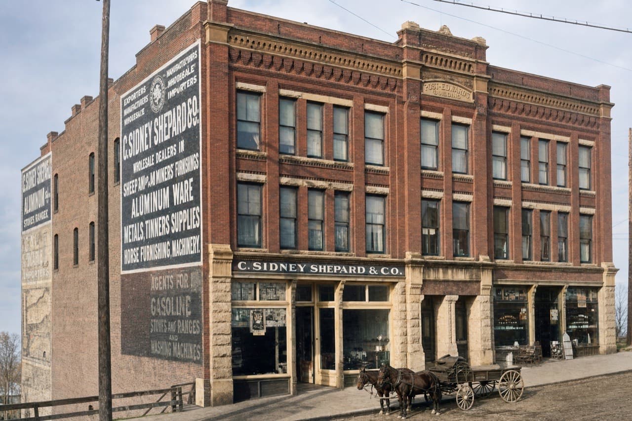 AI-colorized restoration of the building around 1900 as the C. Sidney Shepard and Co. metalware house, a horse and wagon at the curb and painted advertising on the south wall