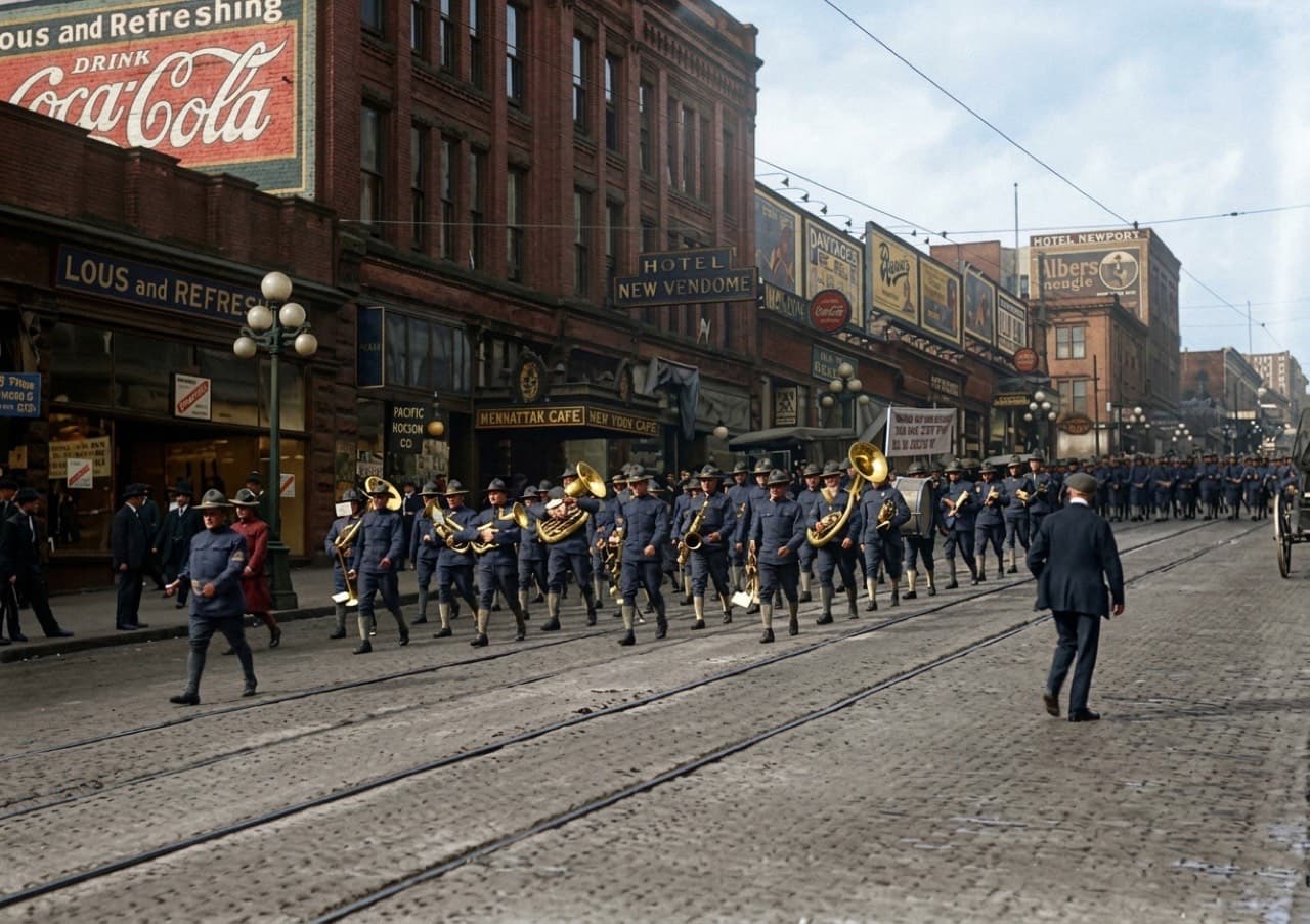AI-colorized restoration of a military band marching on 1st Avenue, Seattle, around 1917, brass instruments catching the light below the Hotel New Vendome sign and the Manhattan Cafe storefront