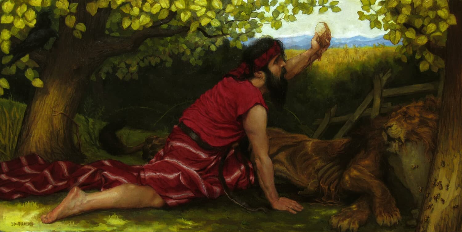 Narrative painting by Ian Morrison of a figure in red robes beside a lion beneath a tree